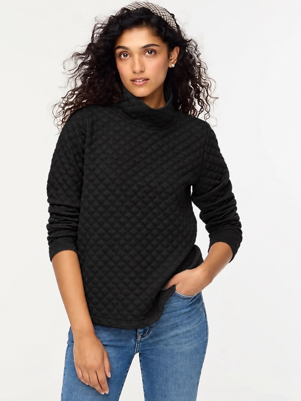 NWT J.Crew Factory Quilted Mockneck Pullover Black Size S